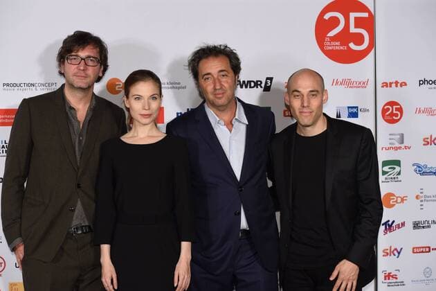 Die Preisträger der italienische Filmemacher Paolo Sorrentino, l-r, Die Schauspielerin Nora von Waldstätten, der italienische Filmemacher Paolo Sorrentino und der US-amerikanische Filmemacher Joshua Oppenheimer am 01.10.2015 in Köln zur Preisverleihung der 25. Cologne Conference. Ausgezzeichnet werden herausragende Leistungen aus der internationalen Film- und Fernsehbranche. Vom 25.09. bis 01.10. findet das Festival für herausragendes Fernsehen und unabhängige Filmkultur in Köln statt.