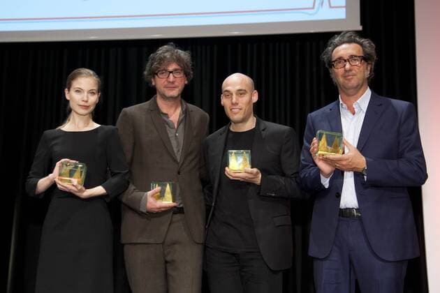 von links: Preistaegerin Nora von WALDSTAETTEN, von Waldstätten, AUT, Schauspielerin, Preistraeger David SCHALKO, AUT, Regisseur, Preistraeger Joshua OPPENHEIMER, USA, Regisseur, Preistraeger Paolo SORRENTINO, ITA, Regisseur, Schriftsteller, Autor, Preisverleihung der Cologne Conference in Koeln, 30.09.2015.