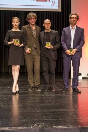 Nora von Waldstätten, David Schalko, Joshua Oppenheimer, Paolo Sorrentino bei der Preisverleihung der 25. Cologne Conference am 01.10.2015 in Köln. Preisverleihung der 25. Cologne Conference in Köln