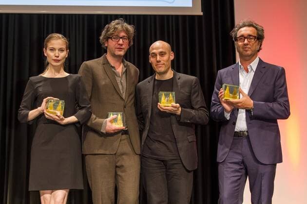 Nora von Waldstätten, David Schalko, Joshua Oppenheimer, Paolo Sorrentino bei der Preisverleihung der 25. Cologne Conference am 01.10.2015 in Köln. Preisverleihung der 25. Cologne Conference in Köln