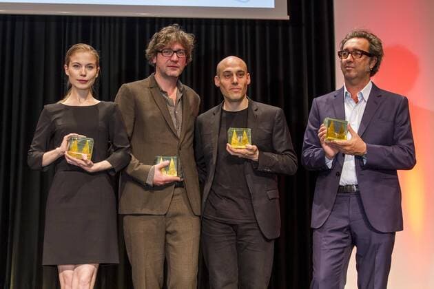 Nora von Waldstätten, David Schalko, Joshua Oppenheimer, Paolo Sorrentino bei der Preisverleihung der 25. Cologne Conference am 01.10.2015 in Köln. Preisverleihung der 25. Cologne Conference in Köln