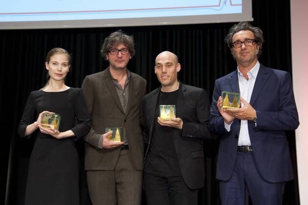 von links: Preistaegerin Nora von WALDSTAETTEN, von Waldstätten, AUT, Schauspielerin, Preistraeger David SCHALKO, AUT, Regisseur, Preistraeger Joshua OPPENHEIMER, USA, Regisseur, Preistraeger Paolo SORRENTINO, ITA, Regisseur, Schriftsteller, Autor, Preisverleihung der Cologne Conference in Koeln, 30.09.2015.