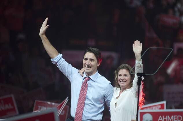 Oct. 4, 2015 - Brampton, toronto, Canda - Liberal Leader Justin Trudeau (here with his wife Sophie Gregoire) attended an election rally in the city of Brampton near Toronto, Canada on 4th October 2015...Thousands of Canadian flocked the auditorium in support of Justin Trudeau- The Prime Ministerial candidate of the Liberal Party of Canada for the Federal election scheduled for 19th October, 2015. Justin Trudeau was accompanied by his wife Sophie GrÃƒÂ©goire and his three children. Brampton Canda  - ZUMAn230