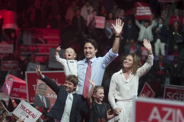 Oct. 4, 2015 - Brampton, toronto, Canda - Liberal Leader Justin Trudeau (here with three children and his wife Sophie Gregoire) attended an election rally in the city of Brampton near Toronto, Canada on 4th October 2015...Thousands of Canadian flocked the auditorium in support of Justin Trudeau- The Prime Ministerial candidate of the Liberal Party of Canada for the Federal election scheduled for 19th October, 2015. Justin Trudeau was accompanied by his wife Sophie GrÃƒÂ©goire and his three children. Brampton Canda  - ZUMAn230