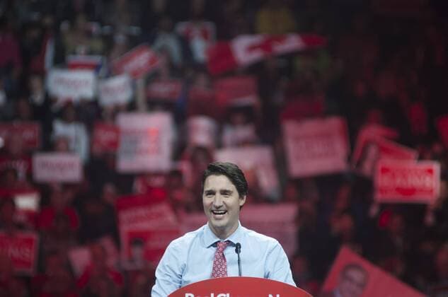 Oct. 4, 2015 - Brampton, toronto, Canda - Liberal Leader Justin Trudeau attended an election rally in the city of Brampton near Toronto, Canada on 4th October 2015...Thousands of Canadian flocked the auditorium in support of Justin Trudeau- The Prime Ministerial candidate of the Liberal Party of Canada for the Federal election scheduled for 19th October, 2015. Justin Trudeau was accompanied by his wife Sophie GrÃƒÂ©goire and his three children. Brampton Canda  - ZUMAn230