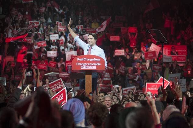 Oct. 4, 2015 - Brampton, toronto, Canda - Liberal Leader Justin Trudeau attended an election rally in the city of Brampton near Toronto, Canada on 4th October 2015...Thousands of Canadian flocked the auditorium in support of Justin Trudeau- The Prime Ministerial candidate of the Liberal Party of Canada for the Federal election scheduled for 19th October, 2015. Justin Trudeau was accompanied by his wife Sophie GrÃƒÂ©goire and his three children. Brampton Canda  - ZUMAn230