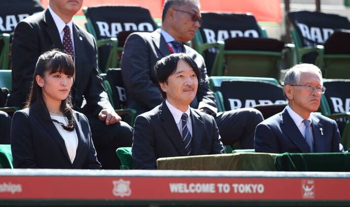 Princess Kiko, Prince Akishinomiya, and Japan Tennis Association chairman Nobuo Kuroyanagi watch Joao Sousa vs Lopez Feliciano at the Rakuten Japan Open Tennis Championships 2015 at Ariake colosseum Tokyo Japan on 7 Oct 2015.  (peda002703)