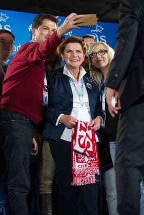Beata Szydlo, PiS candidate for the Prime Minister post in the upcoming elections, watches Scotland vs Poland Euro 2016 qualifier Beata Szydlo, PiS candidate for the Prime Minister post in the upcoming elections, watches Scotland vs Poland Euro 2016 qualifier on October 8, 2015 in Warsaw, Poland. EN_01188775_0009 
