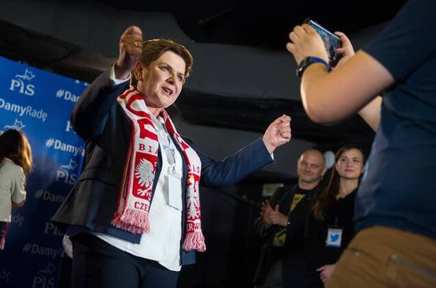 Beata Szydlo, PiS candidate for the Prime Minister post in the upcoming elections, watches Scotland vs Poland Euro 2016 qualifier Beata Szydlo, PiS candidate for the Prime Minister post in the upcoming elections, watches Scotland vs Poland Euro 2016 qualifier on October 8, 2015 in Warsaw, Poland. EN_01188775_0015 