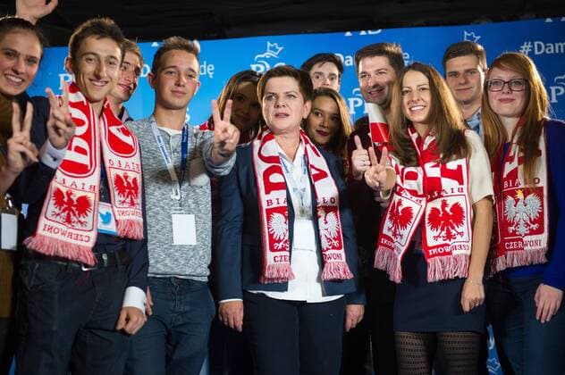 Beata Szydlo, PiS candidate for the Prime Minister post in the upcoming elections, watches Scotland vs Poland Euro 2016 qualifier Beata Szydlo, PiS candidate for the Prime Minister post in the upcoming elections, watches Scotland vs Poland Euro 2016 qualifier on October 8, 2015 in Warsaw, Poland. EN_01188775_0016 