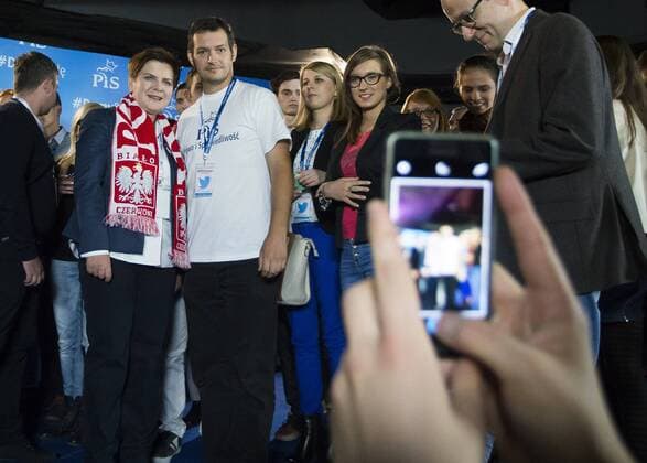 Oct. 8, 2015 - Warsaw, Poland - Beata Szydlo candidate the largest opposition party Law and Justice for Prime Minister of Poland, watching a football match Poland-Scotland, after a meeting with voters, on October 8, 2015, in Warsaw, Poland. Warsaw Poland  - ZUMAn230