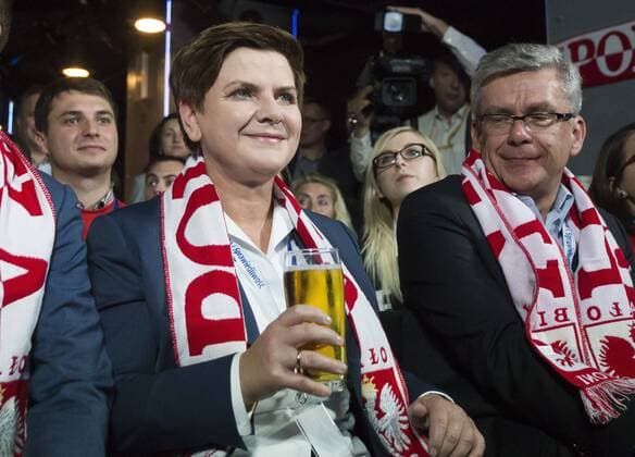Oct. 8, 2015 - Warsaw, Poland - Beata Szydlo candidate the largest opposition party Law and Justice for Prime Minister of Poland, watching a football match Poland-Scotland, after a meeting with voters, on October 8, 2015, in Warsaw, Poland. Warsaw Poland  - ZUMAn230