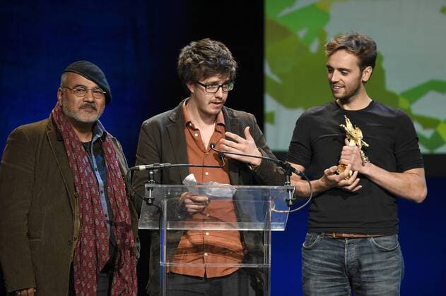 - NAMUR, BELGIUM: Director of photograpy Klaas Boelen, Kourosh Garegani, Productor Maarten Schmidt are pictured during the Ceremonie des Bayard prize award ceremony at the 30th edition of the FIFF Festival Internationale du Film Francophone de Namur, Friday 09 October 2015, in Namur.  JOHNxTHYS 04717587