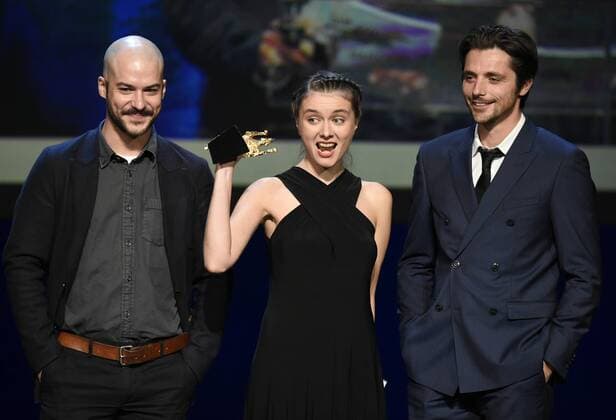 - NAMUR, BELGIUM: Roumanian Flavia Dima (C) representative of jury Emile Cantillion by Marc Andre Grondin and Raphael Personnaz are pictured during the Ceremonie des Bayard prize award ceremony at the 30th edition of the FIFF Festival Internationale du Film Francophone de Namur, Friday 09 October 2015, in Namur.  JOHNxTHYS 04717601