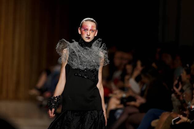 Oct. 10, 2015 - Lisbon, Portugal - Model presents spring summer 2016 creation by designer Valentim Quaresma during the 45rd edition of Moda Lisboa Fashion Week at the Patio da Gale on Terreiro do Paco Square in Lisbon on October 10, 2015. NURPHOTO CARLOS PALMA. Lisbon Portugal  - ZUMAn230