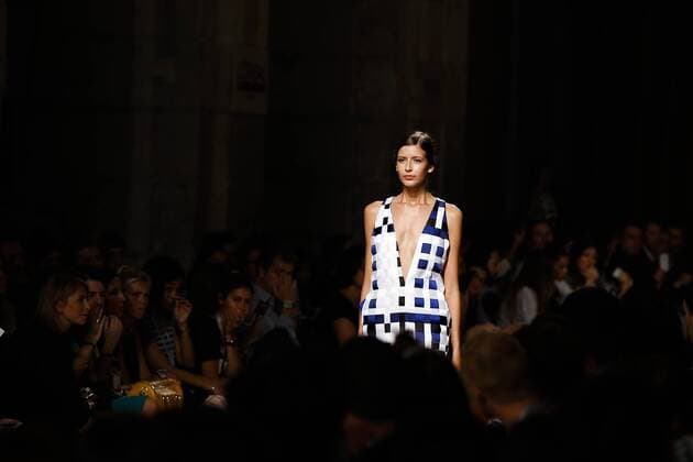 Oct. 10, 2015 - Lisbon, Portugal - Model presents spring summer 2016 creation by designer Miguel Vieira during the 45rd edition of Moda Lisboa Fashion Week at the Patio da Gale on Terreiro do Paco Square in Lisbon on October 10, 2015. NURPHOTO CARLOS PALMA. Lisbon Portugal  - ZUMAn230