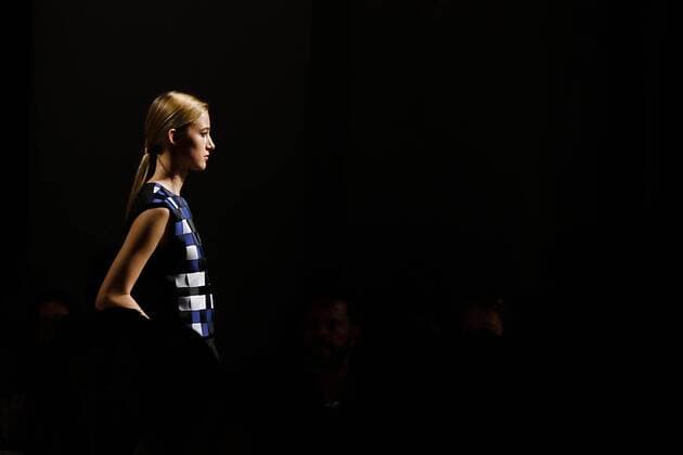 Oct. 10, 2015 - Lisbon, Portugal - Model presents spring summer 2016 creation by designer Miguel Vieira during the 45rd edition of Moda Lisboa Fashion Week at the Patio da Gale on Terreiro do Paco Square in Lisbon on October 10, 2015. NURPHOTO CARLOS PALMA. Lisbon Portugal  - ZUMAn230