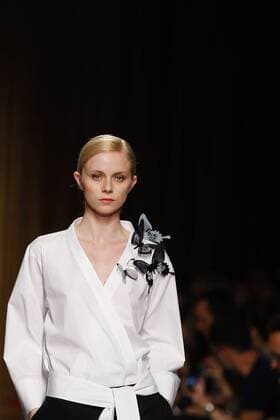 Oct. 10, 2015 - Lisbon, Portugal - Model presents spring summer 2016 creation by designer Miguel Vieira during the 45rd edition of Moda Lisboa Fashion Week at the Patio da Gale on Terreiro do Paco Square in Lisbon on October 10, 2015. NURPHOTO CARLOS PALMA. Lisbon Portugal  - ZUMAn230