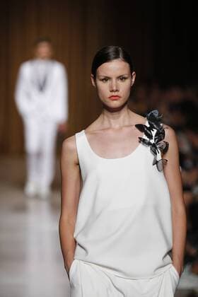 Oct. 10, 2015 - Lisbon, Portugal - Model presents spring summer 2016 creation by designer Miguel Vieira during the 45rd edition of Moda Lisboa Fashion Week at the Patio da Gale on Terreiro do Paco Square in Lisbon on October 10, 2015. NURPHOTO CARLOS PALMA. Lisbon Portugal  - ZUMAn230
