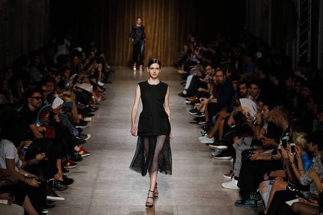 Oct. 10, 2015 - Lisbon, Portugal - Model presents spring summer 2016 creation by designer Miguel Vieira during the 45rd edition of Moda Lisboa Fashion Week at the Patio da Gale on Terreiro do Paco Square in Lisbon on October 10, 2015. NURPHOTO CARLOS PALMA. Lisbon Portugal  - ZUMAn230