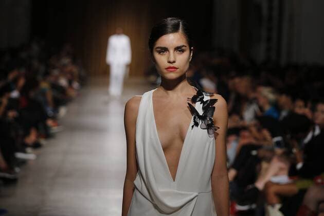 Oct. 10, 2015 - Lisbon, Portugal - Model presents spring summer 2016 creation by designer Miguel Vieira during the 45rd edition of Moda Lisboa Fashion Week at the Patio da Gale on Terreiro do Paco Square in Lisbon on October 10, 2015. NURPHOTO CARLOS PALMA. Lisbon Portugal  - ZUMAn230