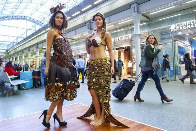 Oct. 12, 2015 - London, London, UK - London, UK. Models dressed in clothing made entirely from chocolate showcasing The Chocolate Show s fashion collection at St Pancras International station on Monday, 12 October, 2015. London UK  - ZUMAl94_