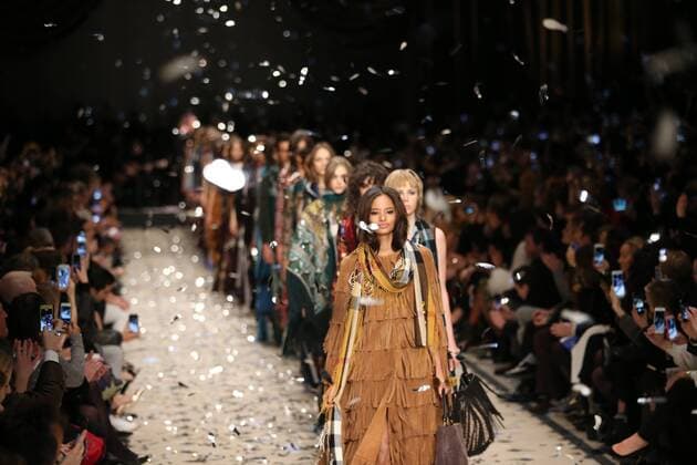 Burberry shares plunge; FTSE 100 trades higher. SOurce - BBC NEWS . 23 02 2015. London, United Kingdom. Finale of the Burberry Prorsum show at London Fashion Week A W 15-Day four. .  xStephenxLockx xi-Imagesx IIM-11235-0005