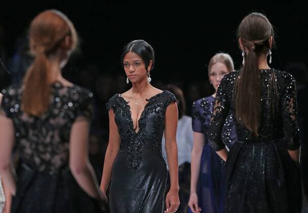 MOSCOW, RUSSIA. OCTOBER 17, 2015. Models showcase creations by designer Alina Assi during the Moscow Fashion Week at Gostiny Dvor. Artyom Geodakyan TASS  TS01006E