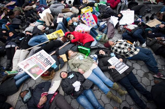 Jan. 19, 2015 - New York, United States of America - Protesters in the 4 minutes long die in protest in Union Square Hundreds of protesters in Harlem during Martin Luther King Jr. Day demonstration gathered at Malcolm X Blvd. and Central Park North for a Dream4Justice march to the United Nations, filled Foley Square in lower Manhattan and staged a die-in at Grand Central Terminal.  - ZUMAp13