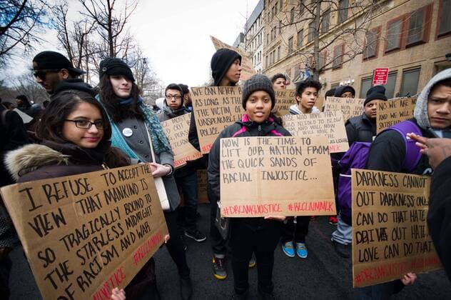 Jan. 19, 2015 - New York, United States of America - Hundreds of protesters in Harlem during Martin Luther King Jr. Day demonstration gathered at Malcolm X Blvd. and Central Park North for a Dream4Justice march to the United Nations, filled Foley Square in lower Manhattan and staged a die-in at Grand Central Terminal.  - ZUMAp13