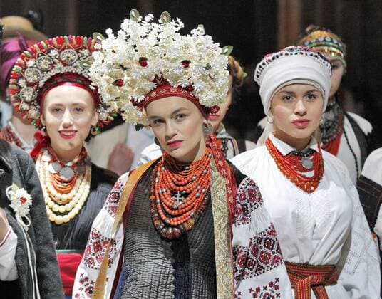 Oct. 18, 2015 - Kiev, Ukraine - Models in traditional ethnic ukrainian clothing presents a creation at presentation project VYTOKY (ORIGINS),devoted Ukrainian traditional culture,during the Ukrainian Fashion Week in Kiev, Ukraine,18 October 2015. The event presents Spring Summer 2016 collections by Ukrainian and international designers from 14 to 20 October. Kiev Ukraine - ZUMAg194