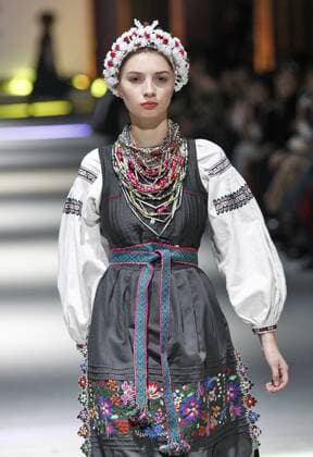 Oct. 18, 2015 - Kiev, Ukraine - A model in traditional ethnic ukrainian clothing presents a creation at presentation project VYTOKY (ORIGINS),devoted Ukrainian traditional culture,during the Ukrainian Fashion Week in Kiev, Ukraine,18 October 2015. The event presents Spring Summer 2016 collections by Ukrainian and international designers from 14 to 20 October. Kiev Ukraine - ZUMAg194