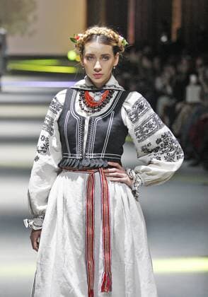Oct. 18, 2015 - Kiev, Ukraine - A model in traditional ethnic ukrainian clothing presents a creation at presentation project VYTOKY (ORIGINS),devoted Ukrainian traditional culture,during the Ukrainian Fashion Week in Kiev, Ukraine,18 October 2015. The event presents Spring Summer 2016 collections by Ukrainian and international designers from 14 to 20 October. Kiev Ukraine - ZUMAg194