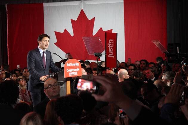 (151020) -- MONTREAL, Oct. 20, 2015 -- Canada s Liberal party leader Justin Trudeau gives his victory speech after the federal election, in Montreal early Oct. 20, 2015. The Liberal party defeated Prime Minister Stephen Harper s Conservatives in the general elections on Monday, according to the preliminary results published by the Elections Canada early Tuesday. ) CANADA-GENERAL ELECTIONS-LIBERAL PARTY-VICTORY MicoxSmiljanic 