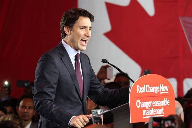 (151020) -- MONTREAL, Oct. 20, 2015 -- Canada s Liberal party leader Justin Trudeau gives his victory speech after the federal election, in Montreal early Oct. 20, 2015. The Liberal party defeated Prime Minister Stephen Harper s Conservatives in the general elections on Monday, according to the preliminary results published by the Elections Canada early Tuesday. ) CANADA-GENERAL ELECTIONS-LIBERAL PARTY-VICTORY MicoxSmiljanic 