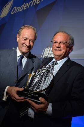 - BRUSSELS, BELGIUM: Ackermans and van Haaren CEO Baron Luc Bertrand and Deme CEO Alain Bernard pictured after the award ceremony for the 21st edition of Onderneming van het jaar (Dutch-speaking company of the year), Tuesday 20 October 2015, in Brussels.  DAVIDxSTOCKMAN 04724952