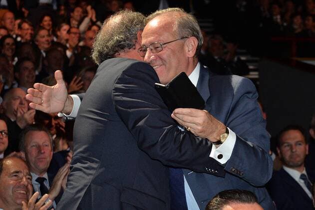 - BRUSSELS, BELGIUM: Deme CEO Alain Bernard and Ackermans and van Haaren CEO Baron Luc Bertrand pictured after winning the award ceremony for the 21st edition of Onderneming van het jaar (Dutch-speaking company of the year), Tuesday 20 October 2015, in Brussels.  DAVIDxSTOCKMAN 04724961