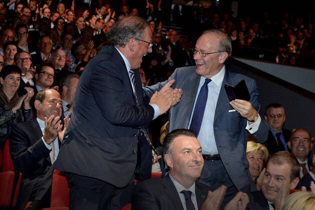 - BRUSSELS, BELGIUM: Deme CEO Alain Bernard and Ackermans and van Haaren CEO Baron Luc Bertrand pictured after winning the award ceremony for the 21st edition of Onderneming van het jaar (Dutch-speaking company of the year), Tuesday 20 October 2015, in Brussels.  DAVIDxSTOCKMAN 04724960