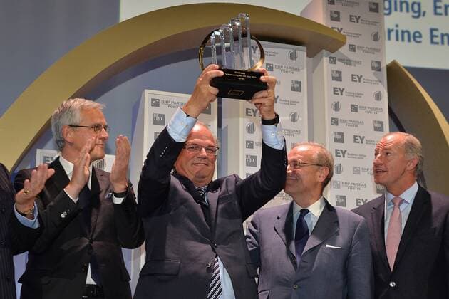- BRUSSELS, BELGIUM: Vice-Prime Minister and Minister of Employment, Economy and Consumer Affairs Kris Peeters, Deme CEO Alain Bernard, Ackermans and van Haaren CEO Baron Luc Bertrand and Rudi Braes pictured during the award ceremony for the 21st edition of Onderneming van het jaar (Dutch-speaking company of the year), Tuesday 20 October 2015, in Brussels.  DAVIDxSTOCKMAN 04724971