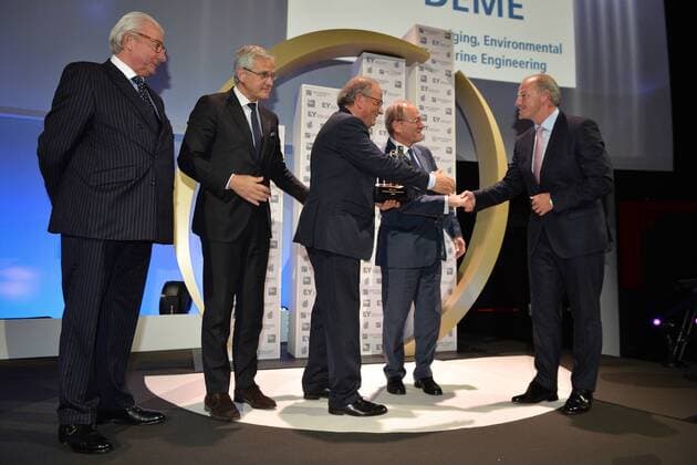 - BRUSSELS, BELGIUM: Baron Paul Buysse, Chairman of Bekaert, Vice-Prime Minister and Minister of Employment, Economy and Consumer Affairs Kris Peeters, Deme CEO Alain Bernard, Ackermans and van Haaren CEO Baron Luc Bertrand and Rudi Braes pictured during the award ceremony for the 21st edition of Onderneming van het jaar (Dutch-speaking company of the year), Tuesday 20 October 2015, in Brussels.  DAVIDxSTOCKMAN 04724968