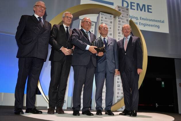 - BRUSSELS, BELGIUM: Baron Paul Buysse, Chairman of Bekaert,Vice-Prime Minister and Minister of Employment, Economy and Consumer Affairs Kris Peeters, Deme CEO Alain Bernard, Ackermans and van Haaren CEO Baron Luc Bertrand and Rudi Braes pictured during the award ceremony for the 21st edition of Onderneming van het jaar (Dutch-speaking company of the year), Tuesday 20 October 2015, in Brussels.  DAVIDxSTOCKMAN 04724969