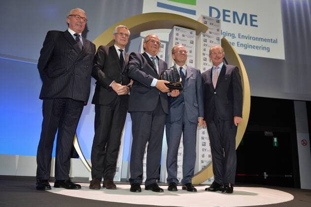 - BRUSSELS, BELGIUM: Baron Paul Buysse, Chairman of Bekaert,Vice-Prime Minister and Minister of Employment, Economy and Consumer Affairs Kris Peeters, Deme CEO Alain Bernard, Ackermans and van Haaren CEO Baron Luc Bertrand and Rudi Braes pictured during the award ceremony for the 21st edition of Onderneming van het jaar (Dutch-speaking company of the year), Tuesday 20 October 2015, in Brussels.  DAVIDxSTOCKMAN 04724963