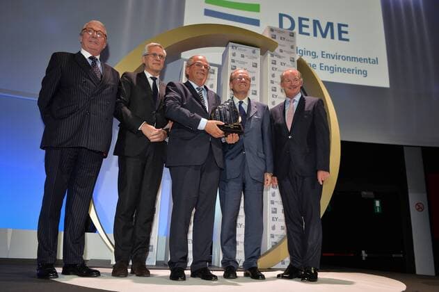 - BRUSSELS, BELGIUM: Baron Paul Buysse, Chairman of Bekaert,Vice-Prime Minister and Minister of Employment, Economy and Consumer Affairs Kris Peeters, Deme CEO Alain Bernard, Ackermans and van Haaren CEO Baron Luc Bertrand and Rudi Braes pictured during the award ceremony for the 21st edition of Onderneming van het jaar (Dutch-speaking company of the year), Tuesday 20 October 2015, in Brussels.  DAVIDxSTOCKMAN 04724962