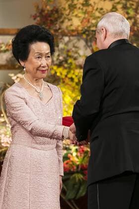 Prize winner French architect Dominique Perrault receives a medal from Princess Hanako Hitachi of Japan during the award ceremony for the 27th Praemium Imperiale Awards on October 21, 2015, Tokyo, Japan. The Praemium Imperiale awards are a global arts prize awarded annually since 1989 by the Japan Art Association in five disciplines (painting, sculpture, architecture, music and theatre film).  (gxta_praemiumimperialeceremony007)