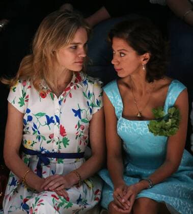 MOSCOW, RUSSIA. OCTOBER 22, 2015. Russian top model, fashion designer Natalia Vodianova (L) and Elena Tarasova, Brand Director of Zarina, Melon Fashion Group, attend a runway show for their Zarina & Natalia Vodianova collection at the Spring Summer 2016 Mercedes-Benz Fashion Week Russia, at the Manege Central Exhibition Hall. Alexander Shcherbak TASS  TS01069C