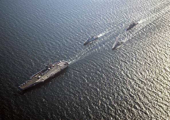 Dec. 1, 2014 - Uss Carl Vinson, United States of America - U.S. Navy nuclear aircraft carrier USS Carl Vinson sails in formation with the Royal Navy Daring-class air defence destroyer HMS Defender, the guided-missile cruiser USS Bunker Hill and the French Marine Nationale anti-air frigate FS Jean Bart during operations November 9, 2014 in the Arabian Sea. The group is deployed for Operation Inherent Resolve striking ISIS targets in Iraq and Syria. Uss Carl Vinson United States of America - ZUMAp138