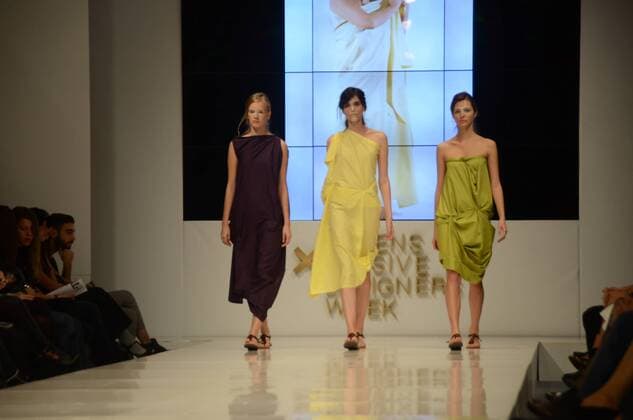 Oct. 23, 2015 - Athens, Greece - A models wear creation of Eleni Kyriakou. Fashion designers present their creations as part of the 18th Athens Xclusive Designers Week fashion event in Athens. Athens Greece - ZUMAp133