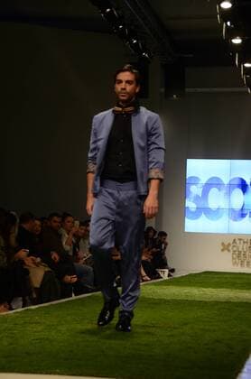 Oct. 23, 2015 - Athens, Greece - A model wears creation of fashion designer Leon. Fashion designers present their creations as part of the 18th Athens Xclusive Designers Week fashion event in Athens. Athens Greece - ZUMAp133
