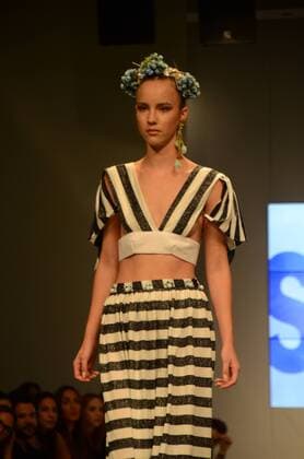 Oct. 23, 2015 - Athens, Greece - A model wears creation of fashion designer Leon. Fashion designers present their creations as part of the 18th Athens Xclusive Designers Week fashion event in Athens. Athens Greece - ZUMAp133