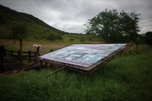 A billboard falls down on the lawn during Hurricane Patricia in El Refugio town, Jalisco State, western Mexico, on Oct. 24, 2015. The National Meteorological Service of Mexico reported Saturday that Hurricane Patricia has degraded to a tropical storm.Pedro Mera) (jg) (vf) MEXICO-JALISCO-HURRICANE-DEGRADE e PedroxMera 